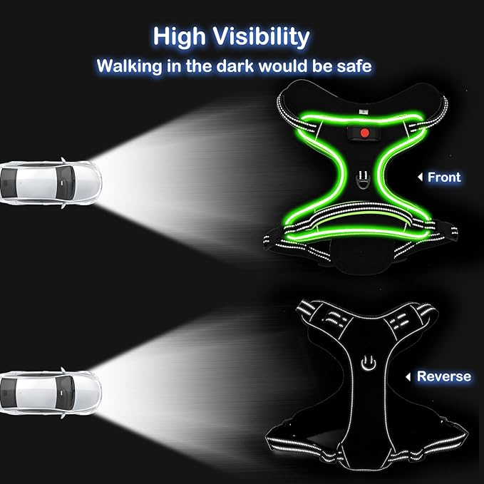 Light Up Dog Harness, No Pull LED Dog Harness with Handle, Rechargeable Lighted Safety Vest for Small Medium Large Dogs, Adjustable Soft Dog Lights for Night Walking