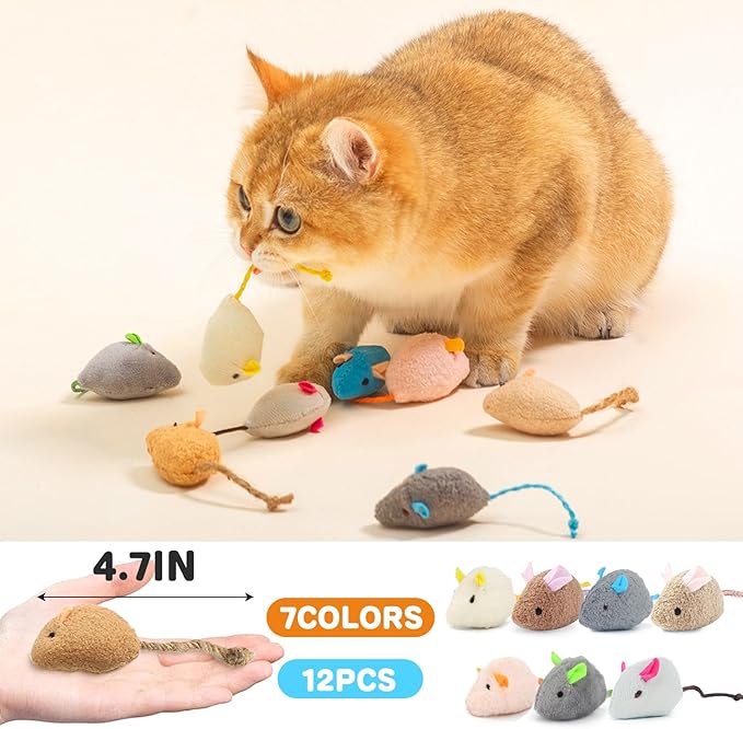12PCS Cat Mouse Toys with Catnip, 2.36” Mouse Toys for Cats, Faux Fur Cat Mice Toys with Plastic Body, Interactive Catnip Toys for Indoor Cats Play Fetch