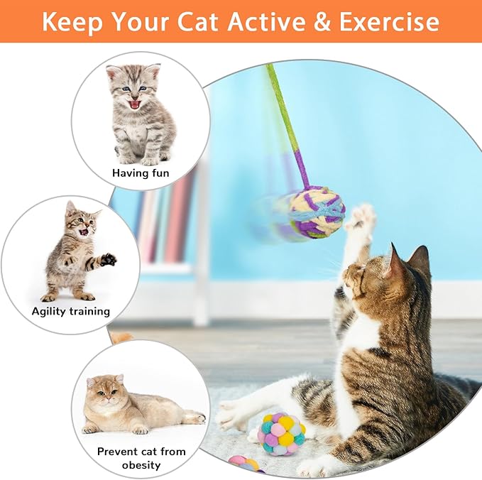 Retro Shaw Cat Toys Balls, 6Pcs Yarn Cat Ball with Bell Inside, Interactive Kitten Toys for Indoor Cats Kitty Chew Playing, Colorful Soft Fuzzy Jingle Kitten Ball with String