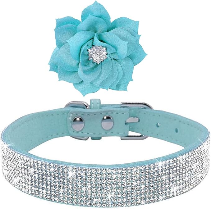 Cute Dog Collar with Bling Rhinestone, Fancy Crystal Diamond Glitter Pretty Jewel Soft Cat Collars for Small Medium Large Breed Dogs Girl Female Pet Puppy Kitten Terrier (L, Light Blue2)