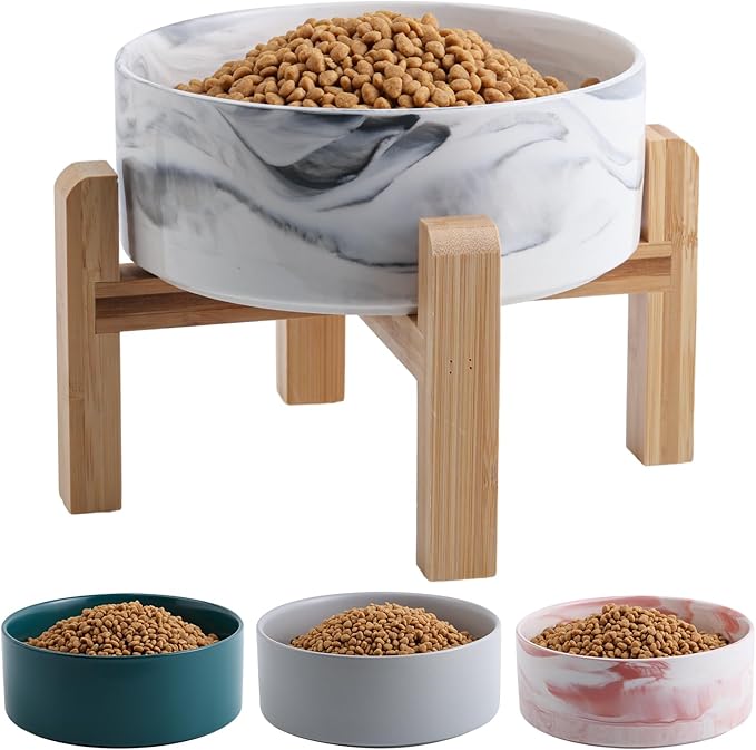 Elevated/Raised Dog Bowl Ceramic for Medium Large Sized Breed,Dog Food Water Bowl with Stand,8 in 7.6 Cups Non Slip Heavy Weighted Dog Dish Marble Grey
