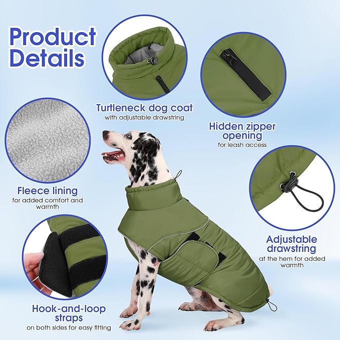 ASENKU Extra Warm Dog Coat - Winter Jacket with Fleece, Reflective Adjustable for Medium Dogs, Dachshund Clothes (Green, M)