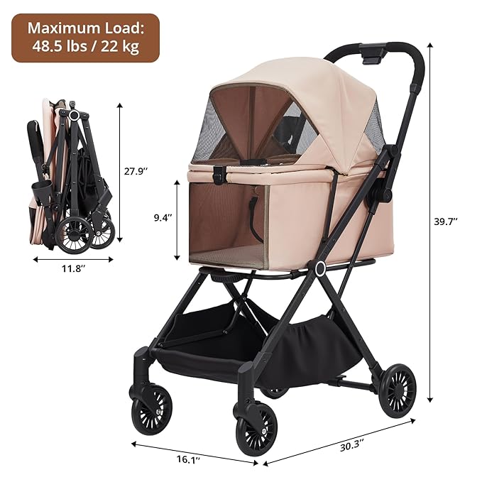 4-Wheel Lightweight Dog Stroller - Foldable Pet Stroller for Cats & Small to Medium Dogs Up to 50 Lbs, with 360° Swivel Wheels, Foot Brake, Weather & Escape Proof Design