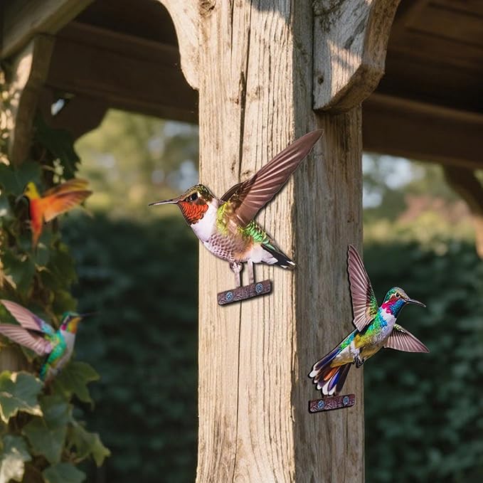 HUYIENO 5PCS Vibrant Metal Bird Decorations Colorful 2D Garden Fence Ornaments for Outdoor Patio & Bird Lovers Hummingbird