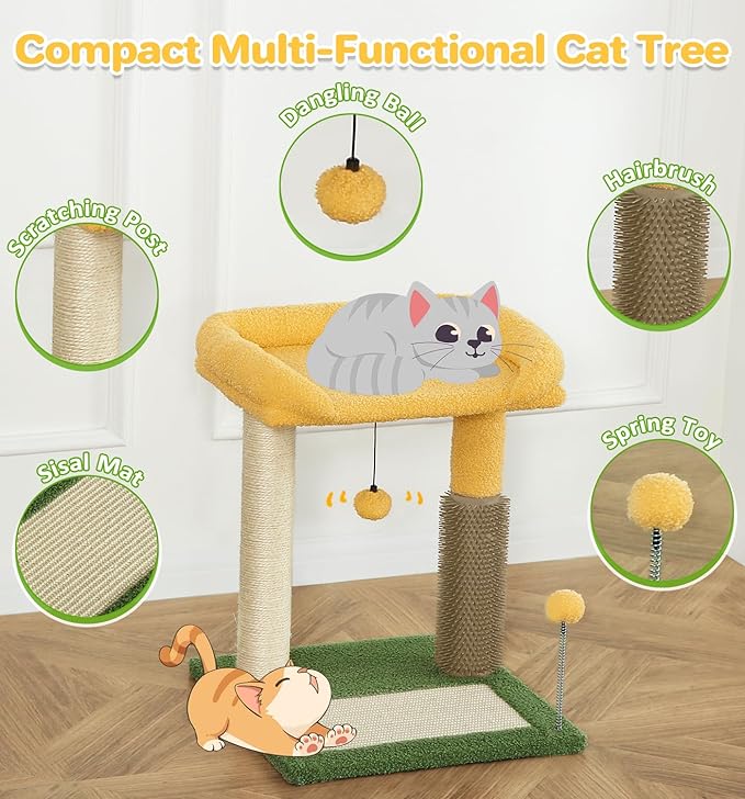 Made4Pets Small Cat Tree Tower, Cat Scratching Post 4-in-1 with Cat Self Groomer Brush, 20" Tall Natural Sisal Cat Scratcher, Soft Plush Cat Perch Bed with Dangling Ball for Indoor Kittens, Green