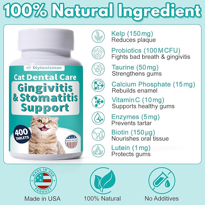 Cat Gingivitis Treatment, Gingivitis Treatment for Cats, Reduce Bad Breath, Tartar, Gum Inflammation, Redness & Pain, Cat Oral Health for Teeth, Gums & Mouth – 400 Tiny Tablets