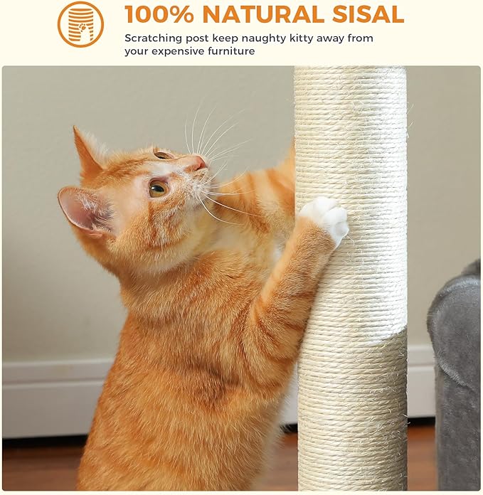 27" Cat Tree for Medium Cats, Cat Tower with Large Top Perch, Full Wrapped Natural Sisal Scratching Posts for Indoor Cats with Spacious Condo & Toy Ball, Grey