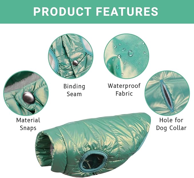 ASENKU Dog Winter Coat - Waterproof Windproof Dog Jacket, Warm Snowproof Doggie Puffer Vest for Cold Weather, Lightweight Snow Coats for Small Medium Large Dogs (Mint Green, 2XL)