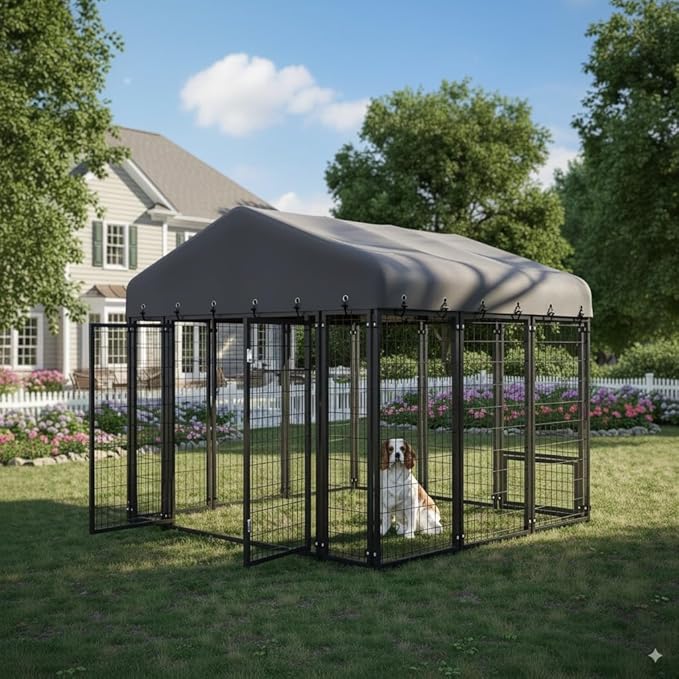 6 x 6 FT Large Outdoor Dog Kennel with Double Swing Doors, Heavy-Duty Dog Cage with Feeding Panel, Weatherproof Roof, Secure Fence Playpen for Large Dogs, Easy Assembly