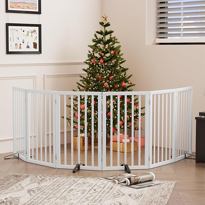 Dog Gates for Doorways, Tall Dog Gate Indoor, Foldable Pet Gates for Doorways Bedroom, Freestanding Puppy Gate with Metal Support Feet, Room Divider,6 Panels (White)