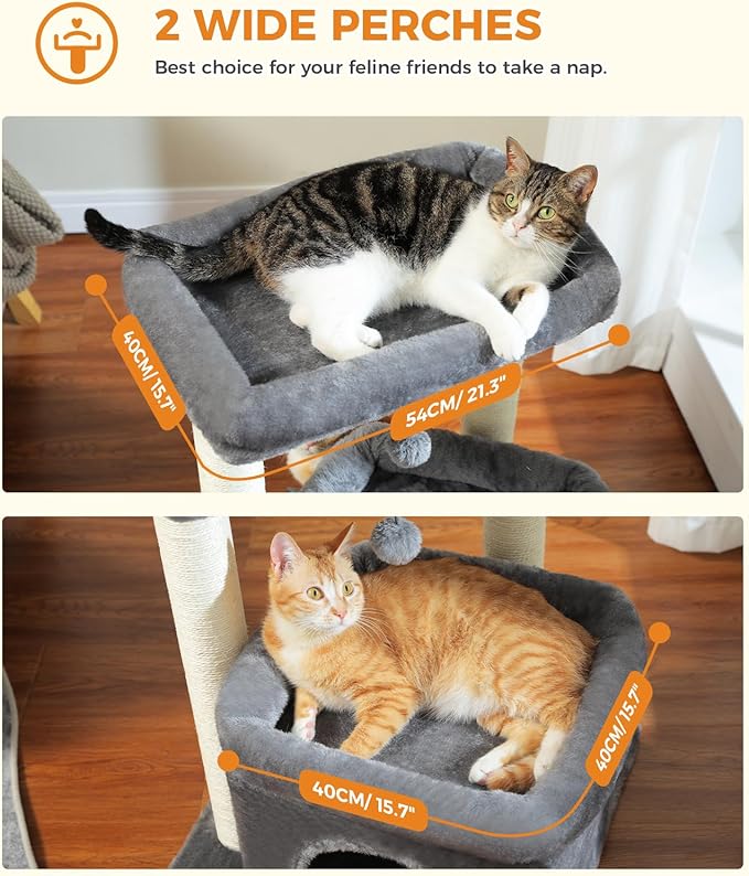 27" Cat Tree for Medium Cats, Cat Tower with Large Top Perch, Full Wrapped Natural Sisal Scratching Posts for Indoor Cats with Spacious Condo & Toy Ball, Grey