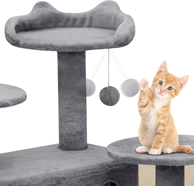 Athena Collection Modern Cat Tree Tower, 54 Inch Tall Cat Tree Climbing Tower with Scratching Post 2 Condo Multi-Level Activity Center and Playing Ball for Indoor Large Adult, Grey