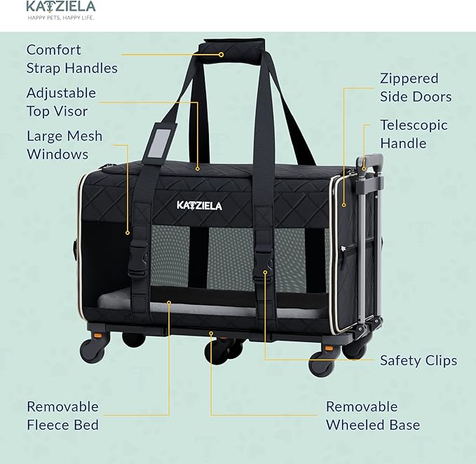 Pet Carrier Airline Approved - Dog Carrier with Wheels - TSA Airline Approved Dog Carrier - Rolling Pet Carrier with Wheels for Small to Medium Size Cat or Dog - Airplane Cabin Animal