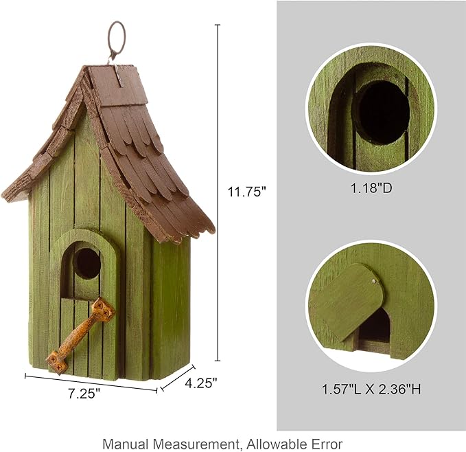 Glitzhome Birdhouses for Outdoors, Hand Painted Garden Hanging Wooden Bird House with Single Roof for Outside, Country Cottages for Bluebird Swallow Sparrow Hummingbird Finch Cardinals Cedar, Green