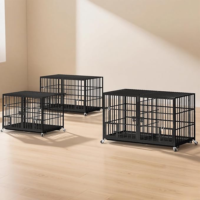 54 Inch Metal Dog Crate for Large Dogs,Heavy Duty Dog Cage Kennel Indoor with Divider Panel,Lockable Wheels, Indestructible Drop Cages for Dogs with Removable Tray, Escape Proof Locks