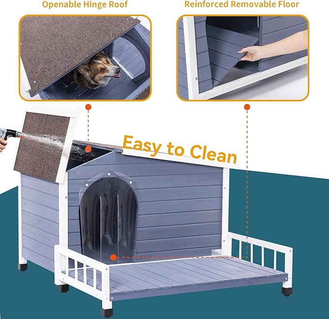 Petsfit Dog House Outdoor 40" L x 47" W x 28.5" H with Terrace & Openable Asphalt Roof, Outside Dog House with Elevated Floor, Dog House for Medium Dogs