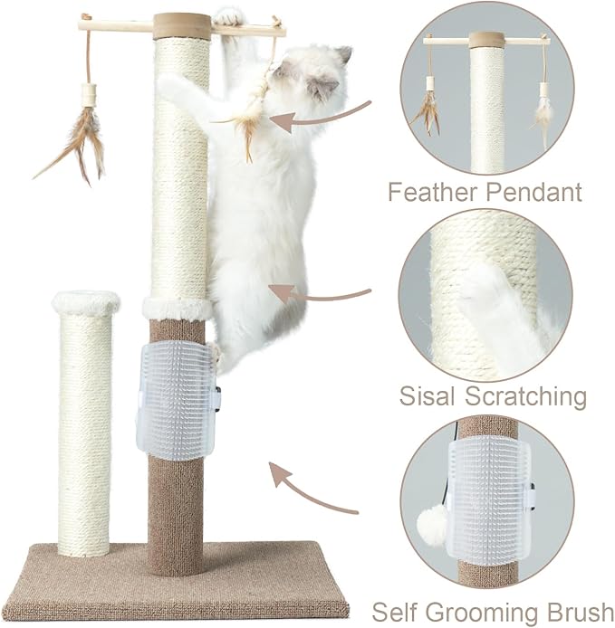 PAWSFANS Cat Scratching Post 30 Inches Tall Sisal Carpet Vertical Scratch Posts for Indoor Cats and Kittens,with Hanging Ball and Bursh Beige