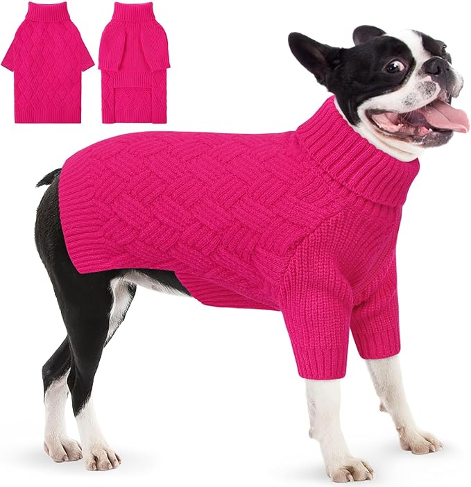 AOFITEE Dog Sweater, Turtleneck Dog Sweaters for Small Dogs Female, Dogs Winter Sweaters Girl Boy, Small Pet Christmas Sweater, Classic Cable Holiday Knitwear for Pug Dachshund (Rose Red, S)