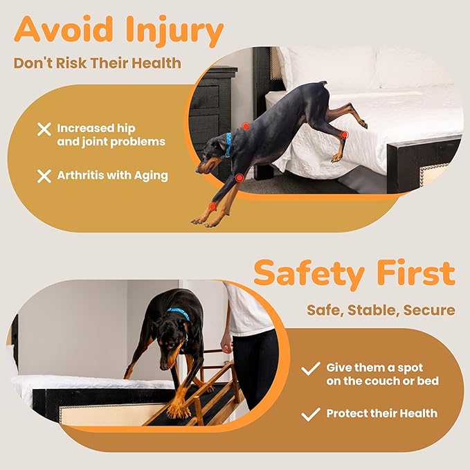 Dog Ramp for Bed, Adjustable Pet Ramps for Dog to Get on Bed, Non-Slip Rubber Surface - Folding Wooden Dog Ramp for Small/Large/Old Dogs, Adjustable up to 23.5 inch High Beds, Safety Railings