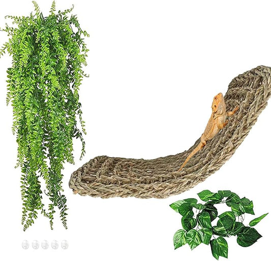 kathson Bearded Dragon Hammock,Large Lizard Lounger,Reptile Tank Hanging Plants Climbing Jungle Vines Flexible Leaves Decorations for Lizards Chameleon Gecko Snakes(3 PCS)