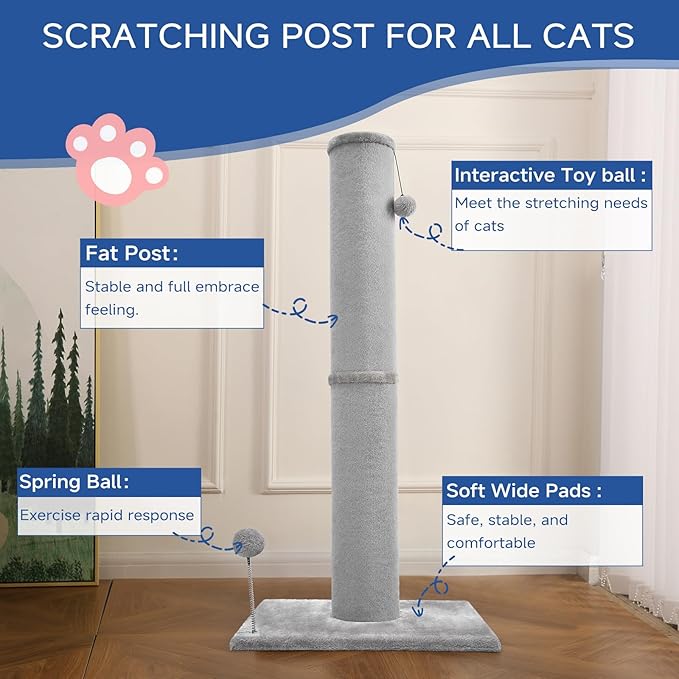 Cat Scratching Post Carpet Scratching Post 40" for Indoor Cats, Tall Cat Scratch Post, Carpet Cats Scratcher with Replaceable Toys, Sturdy Base, Large, White Gray