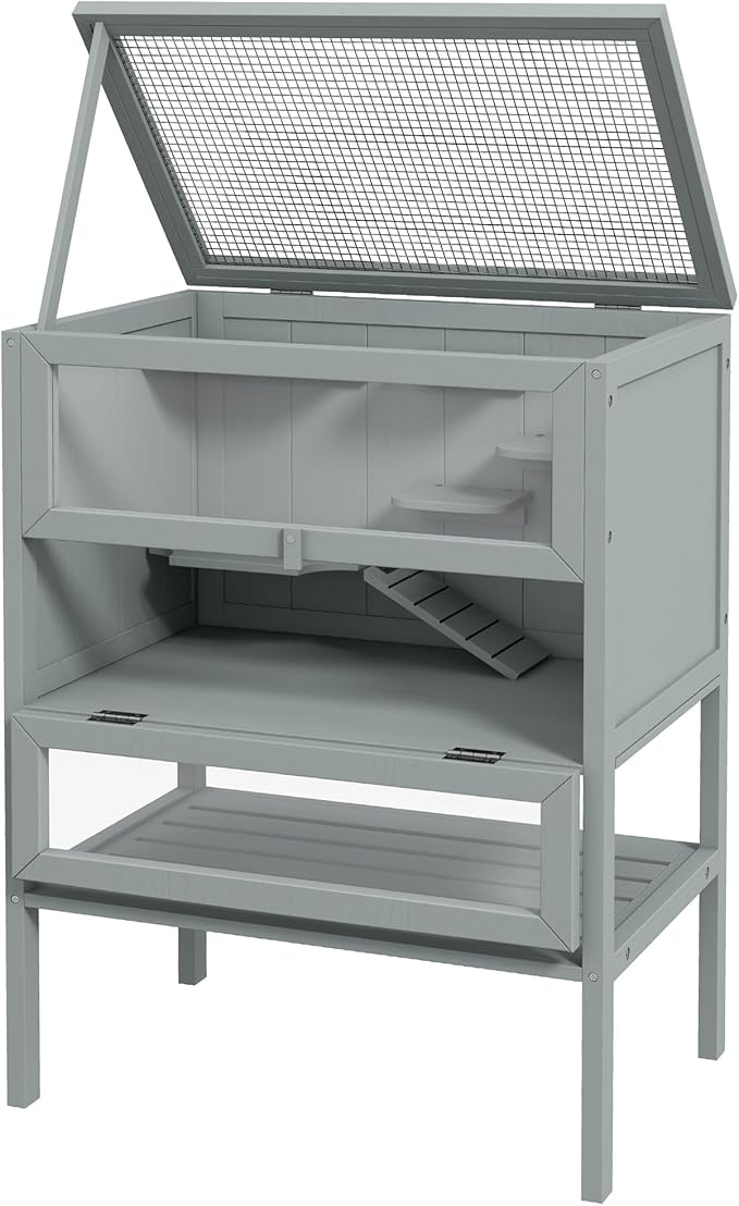 PawHut 3-Tier Wooden Hamster Cage Mice and Rat Cage Small Animals Hutch with Openable Top, Front Door, Storage Shelf, Gray