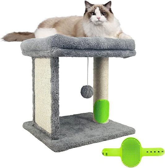 Cat Scratching Post Small Cat Tree with Cat Self Groomer, 17.3x13.4” Wide Top Bed, Natural Scratch Post and Danging Ball Great for Kittens and Average Indoor Cats-Grey