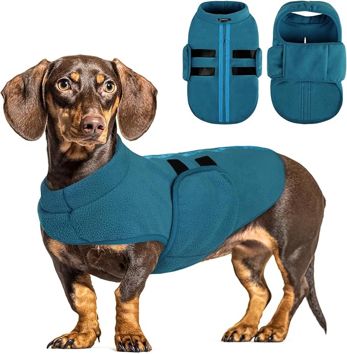 Queenmore Small Dog Sweater, Soft Fleece Vest Pullover Jacket With Leash Hole, Warm Winter Clothes for Cold Weather, Dachshund Sweater for Small Dogs Cats Boy or Girl (Peacock-Blue, XS)