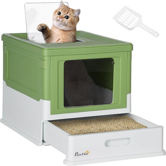 PawHut Fully Enclosed Cat Litter Box with Scoop, Hooded Cat Litter House with Drawer Type Tray, Foldable Smell Proof Potty with Front Entry, Top Exit, Large Space, Yellowish Green