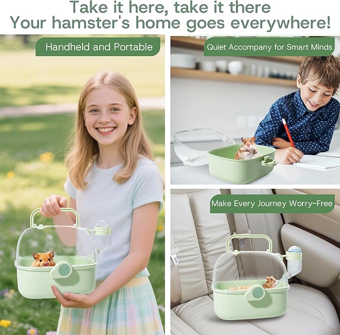 Portable Hamster Carrier for Travel - Acrylic Small Animal Cage with Ventilation Holes,Escape-Proof Hamster Travel Cage for Outdoor Picnics, Vet Visits (Mint Green)