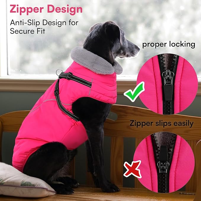 Queenmore Large Dog Jackets, Dog Coats for Extra Large Dogs with Harness Built in, Reflective Waterproof Dogs Jackets with Fleece Lining,Warm Snowsuit Pet Sweater for German Shepherd,Rose Red,XXXL