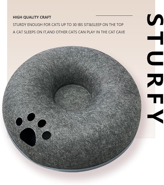 Tunnel nest, Donut nest, Fun Ventilation peep Hole, Detachable Zipper cat Bed, Felt Washable, All Season Universal cat Bed Suitable for Cats (Dark Gray, Small)