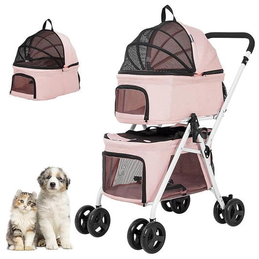 Double Dog Stroller with 2 Detachable Carrier, Portable Pet Stroller for Small Dogs & Cats Folding Lightweight Puppy Travel Carriage, 4 Wheels, Pink