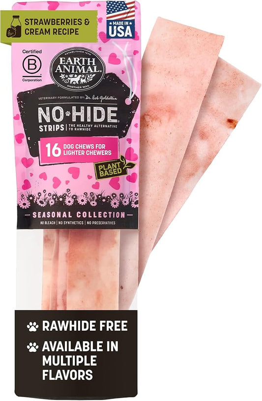 Earth Animal No Hide Strips Strawberries & Cream Flavored Vegetarian Natural Treats | No Rawhide | Quick & Thin Dog Chews - 16 Count