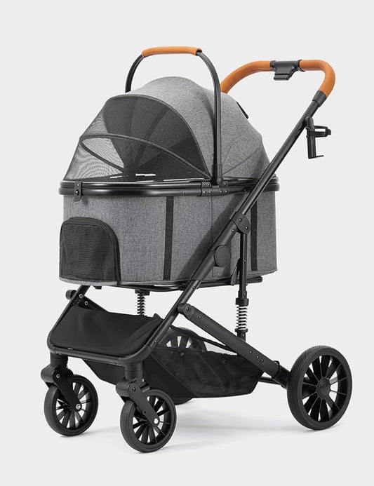 Dog Stroller for Small/Medium Dogs Up to 60lbs, 4 Wheels Folding Pet Stroller with Detachable Carrier, Pet Travel Carrier for Puppy & Cats, Storage Basket, Breathable Mesh, Grey