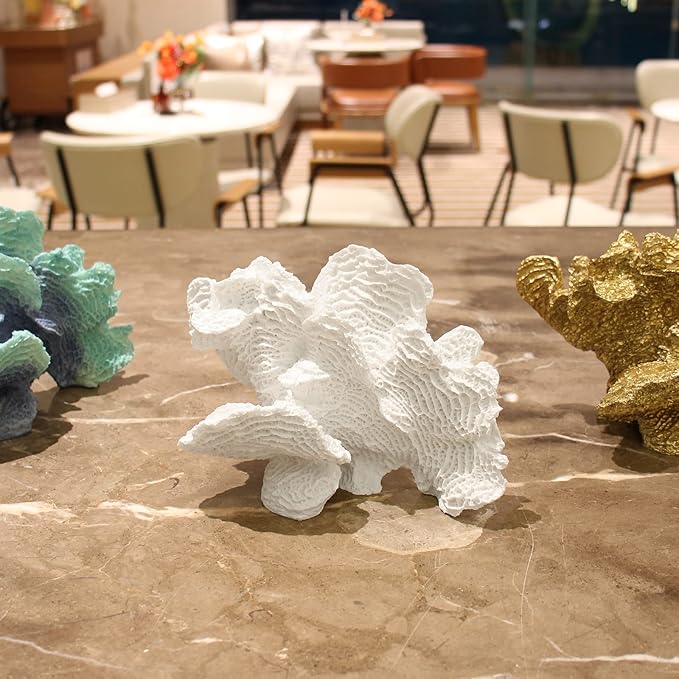 White Coral Statue - Faux Coral Decor Resin Sea Reef Sculpture Tabletop Decoration for Home and Coastal Living