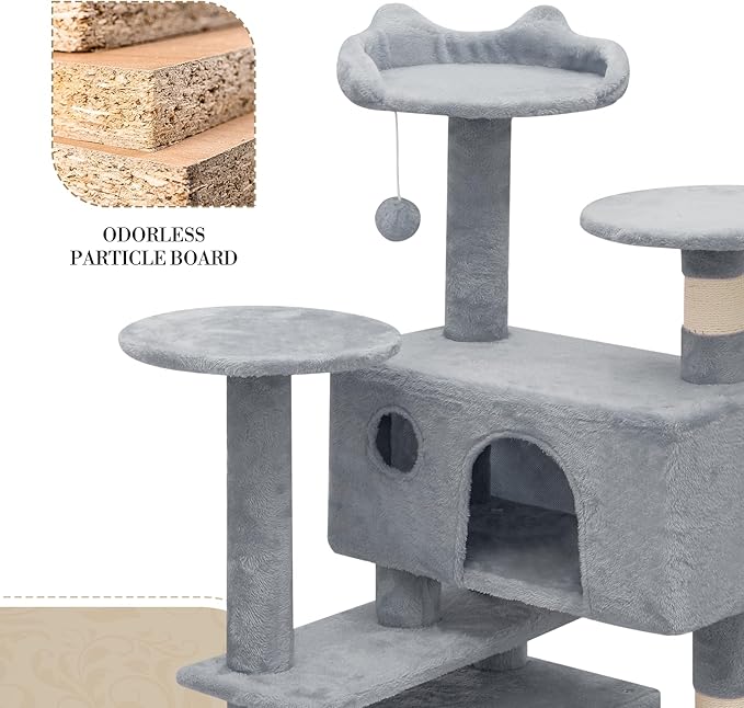 Athena Collection Modern Cat Tree Tower, 60 Inch Tall Cat Tree Climbing Tower with Scratching Post 2 Condo Multi-Level Activity Center and Playing Ball for Indoor Large Adult, Light Grey