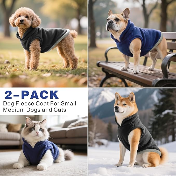 Idepet 2 Pack Dog Fleece Vest Sweater Warm Pullover Jacket with D-Ring Leash Reflective Winter Coat Hoodie for Small Medium Dogs Puppy Cat Pet Clothes (Black&Blue, XX-Large)