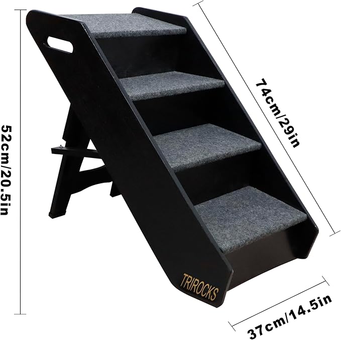 TRIROCKS Wood Pet Stairs Non-Slip Pet Steps - Foldable 4 Levels Dog Stairs & Ramp Perfect for Beds and Cars - Portable Dog/Cat Ladder Up to 130 Pounds
