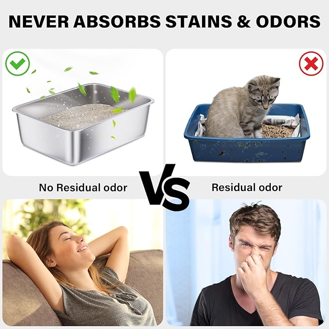 Stainless Steel Litter Box 2 Pack, Metal Litter Box for Cat, Easy Clean Non Stick Easy Entry No Smell Steel Litterbox for Kitty/Rabbit