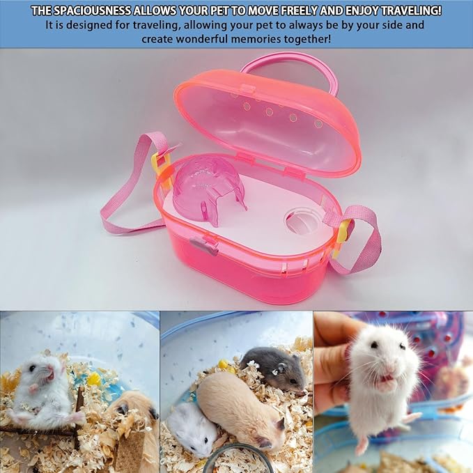 kathson Portable Hamster Cage Dwarf Hamster Carry Case Syrian Hamster Carry Travel Cage with House Food Bowl Adjustable Strap Pet Outgoing Cages Carrier for Small Hamster Young Guinea Pig Pink