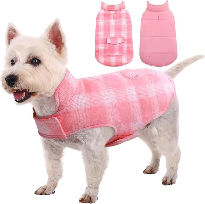 Kuoser Dog Winter Coat, Reversible Dog Jacket, Warm Doggie Coat British Style Puppy Cold Weather Vest, Windproof Pet Clothes Vest for Small Dogs, Pink S