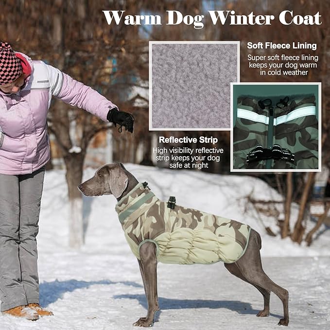 Lelepet Dog Coat Warm Dog Winter Coat Waterproof Dogs Jacket with Harness Built in Reflective Pet Fleece Vest Zip-Up Cold Weather Coats for Large Dogs Turtleneck Windproof Coats Pitbull Desert Camo