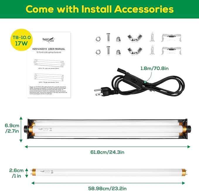 T8 10.0 UVB Reptile Light Fixture UVB Bulb Lighting Combo Kit, HO 17W UVB Light for Reptiles Terrarium Hood with Reptile UVB Light Bar UVB Tube Light Lamp Desert for Bearded Dragon Turtle Tank, 24Inch