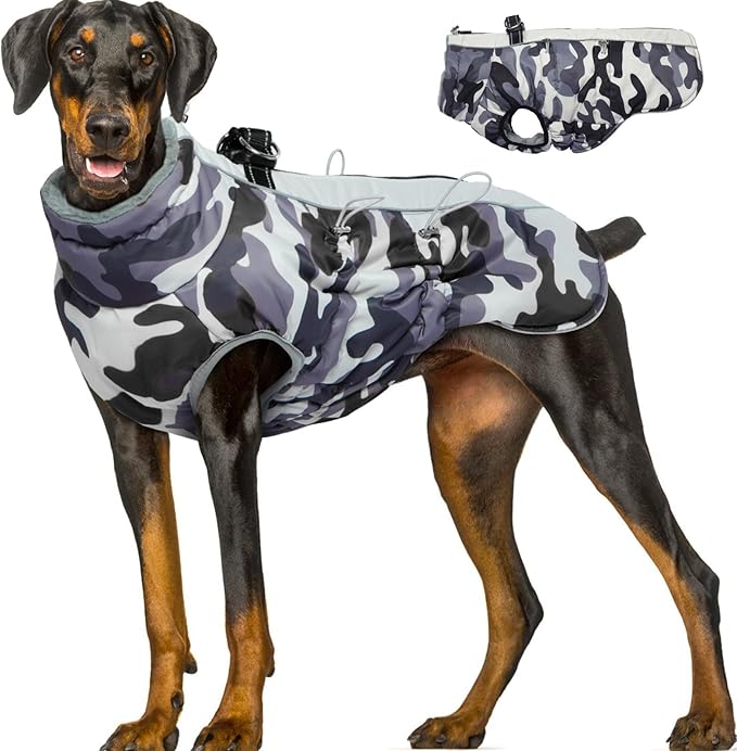 Dog Coat Dog Winter Jacket-3X Large, Warm Dog Coat Zip Up Snowsuit Dog Harness Vest Reflective Water-Resistant Dog Coat Dog Snow Jacket for Large Dogs Labrador, Huskyn, Grey-Camouflage