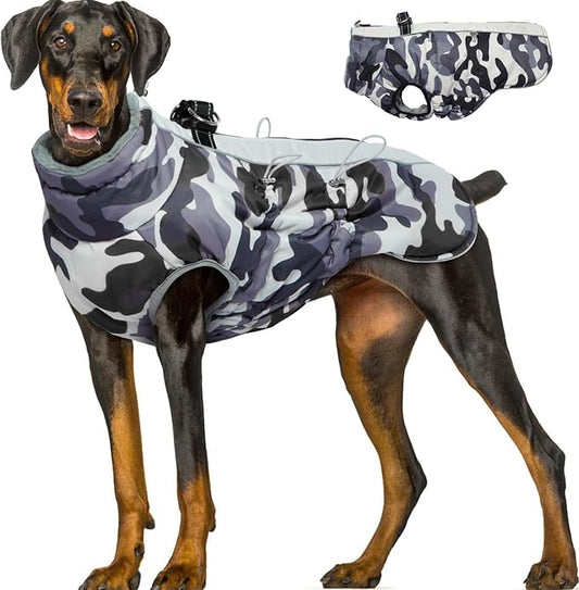 Dog Coat Dog Winter Jacket-3X Large, Warm Dog Coat Zip Up Snowsuit Dog Harness Vest Reflective Water-Resistant Dog Coat Dog Snow Jacket for Large Dogs Labrador, Huskyn, Grey-Camouflage