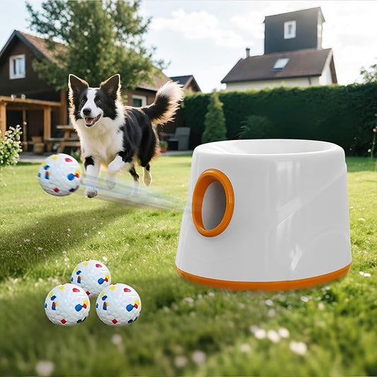 Automatic Ball Launcher for Dogs - Dog Ball Thrower Launcher with 3 Etpu Sphere, 3 Adjustable Distances (20ft/33ft/46ft), Interactive Thrower Machine, Mental Stimulation Dog Toys