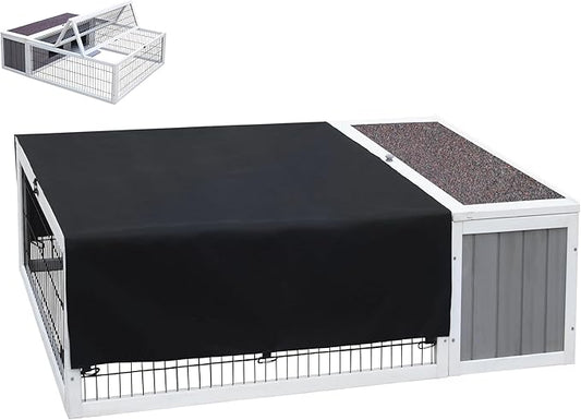 Tortoise House Habitat Wooden with Waterproof Cover, Chicken Coop with Run Rabbit Hutch Small Animal Hutch Enclosure Indoor/Outdoor-Grey + White Trim