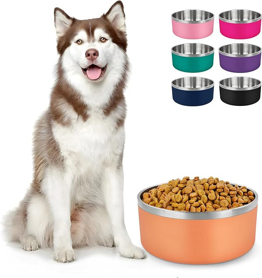 LIHONG Stainless Steel Dog Bowls for Large Dogs,Dog Food Water Bowls with Non Slip Rubber Bottom,Pet Feeding Bowl,Double Wall Insulated,Rustproof(64oz,Orange)