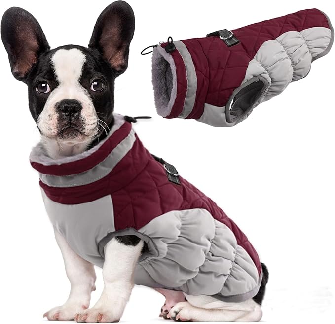Lelepet Dog Coat Warm Dog Winter Coat Waterproof Dogs Jacket with Harness Built in Reflective Pet Fleece Vest Zip-Up Cold Weather Coats for Small Dogs Turtleneck & Windproof Coats Yorkie Wine Red S